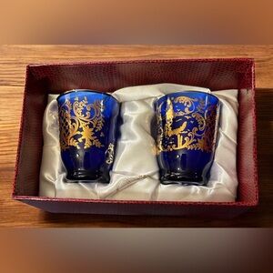 Vecchia Murray Glass 2, Two Ounce Blue & Gold Glasses 1989